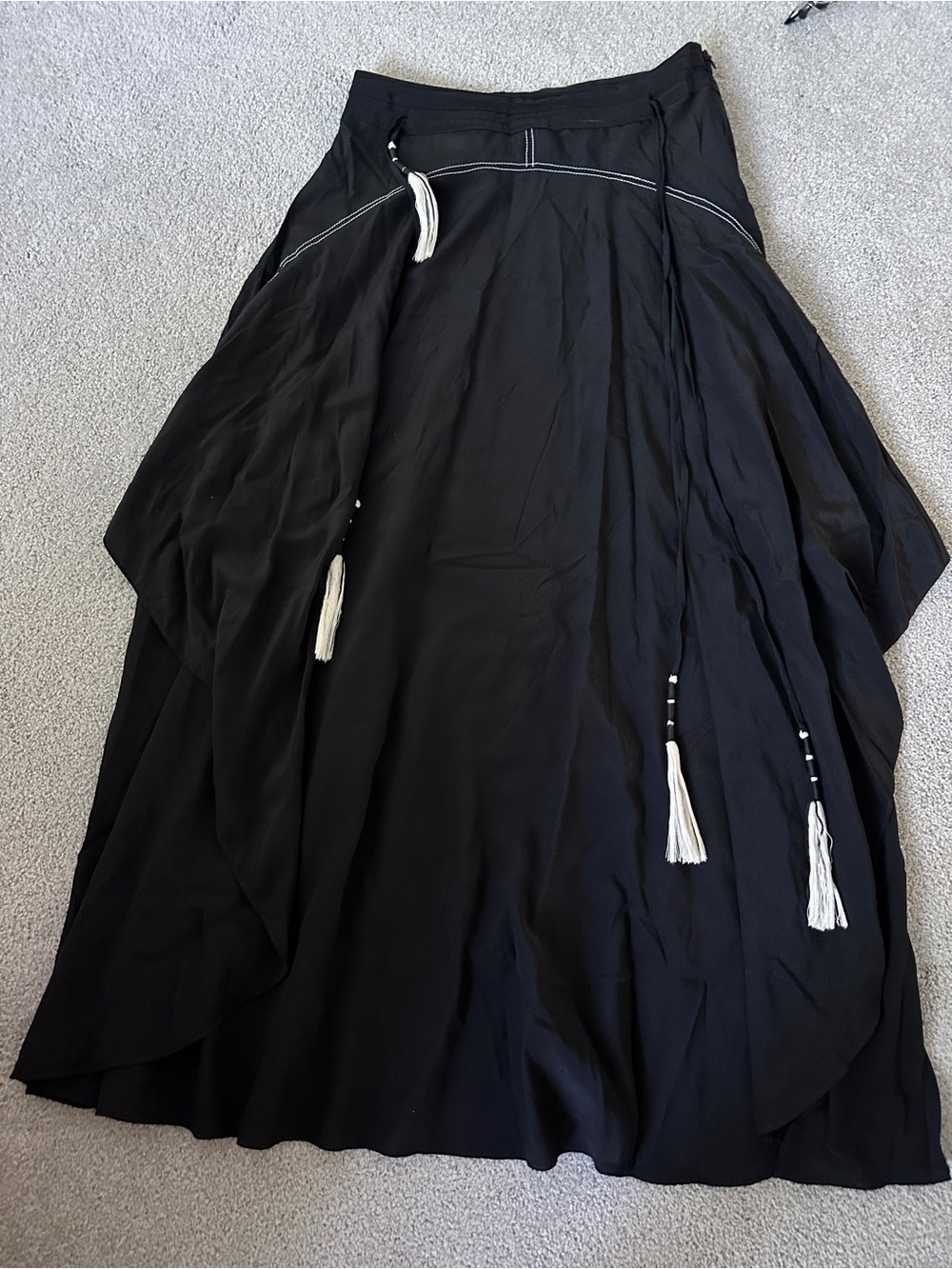 100% Silk Designer Black Asymmetric Midi Skirt W Adjustable Tassels Lined Size M - Picture 12 of 14